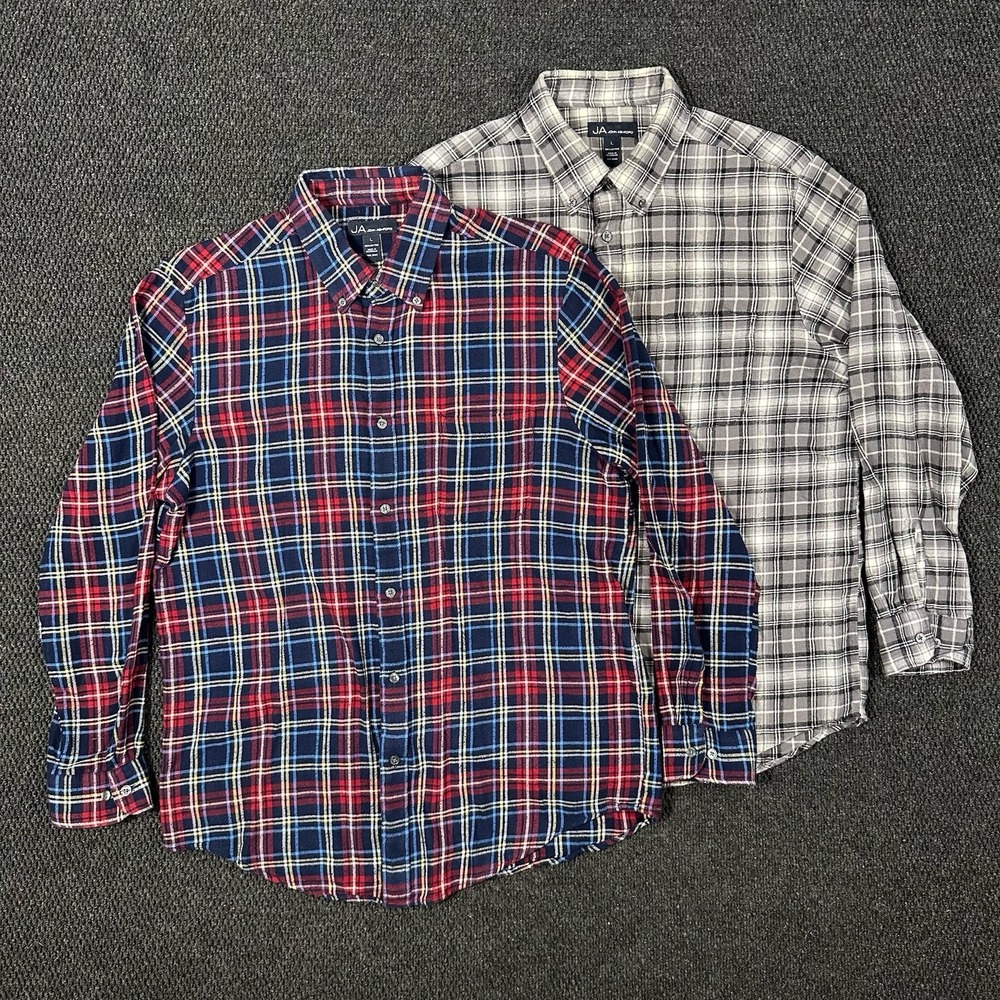 JA John Ashford Flannel Shirt Mens L Lot of 2 Blue Red Gray Plaid Outdoor